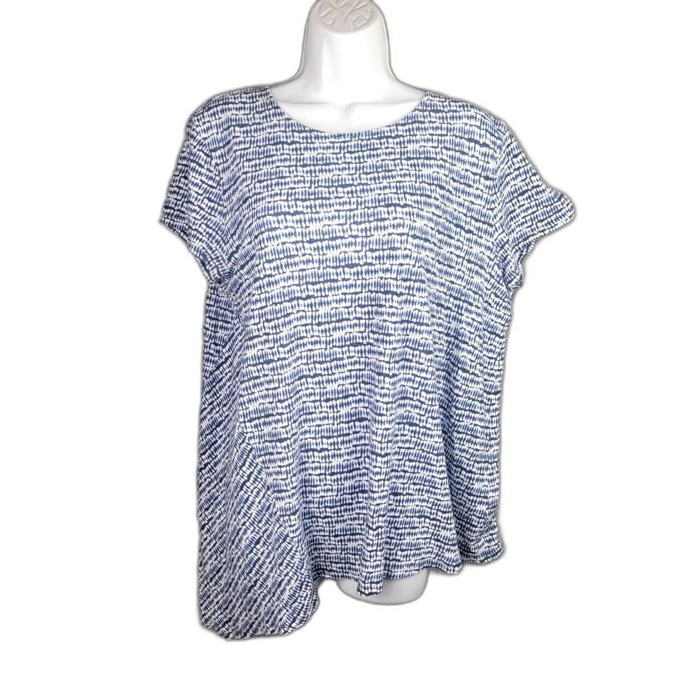 Pure Jill Linen Rayon Top Blue White M Coastal Grandmother Asymmetric Print